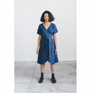 Linenfox Navy Blue Wrap Midi Dress